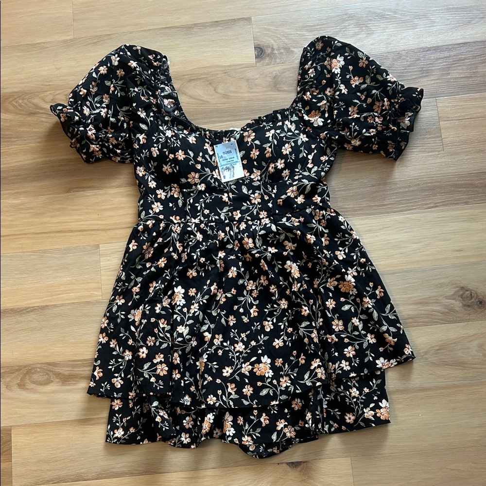 Inspired Hearts Black and Orange Floral Romper